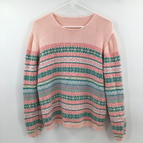 Vintage Sweaters - Vintage Womens 1990s Fair Isles Nordic Christmas Sweater Pink Green Cotton Soft